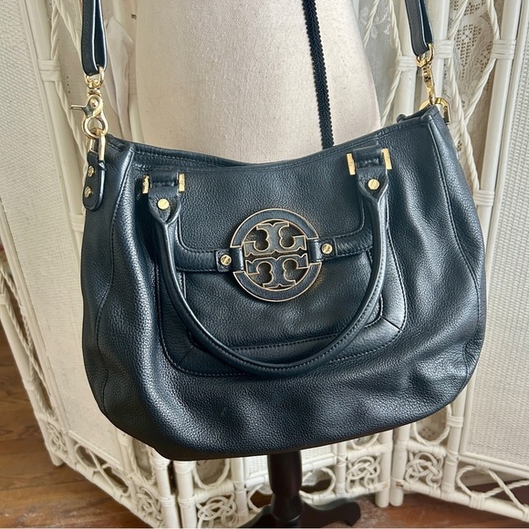 Tory Burch Amanda Black Pebbled Leather Convertible Hobo Satchel Gold Logo - Picture 4 of 16